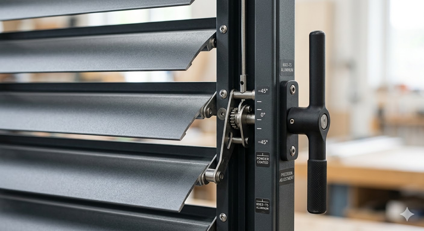 Detailed close-up view of aluminum shutter features highlighting the adjustable louvers and finish.
