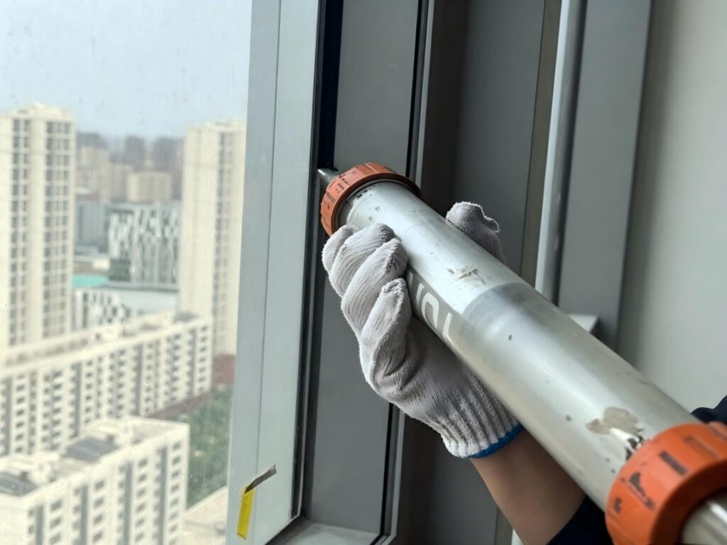 Applying exterior sealant during aluminum window installation to prevent air leaks