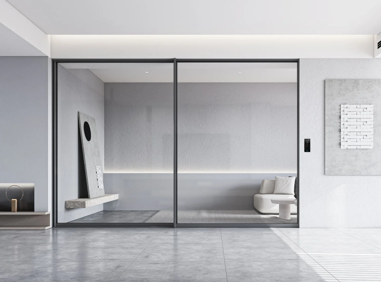 Panoramic aluminium sliding doors connecting an entrance with outdoor space
