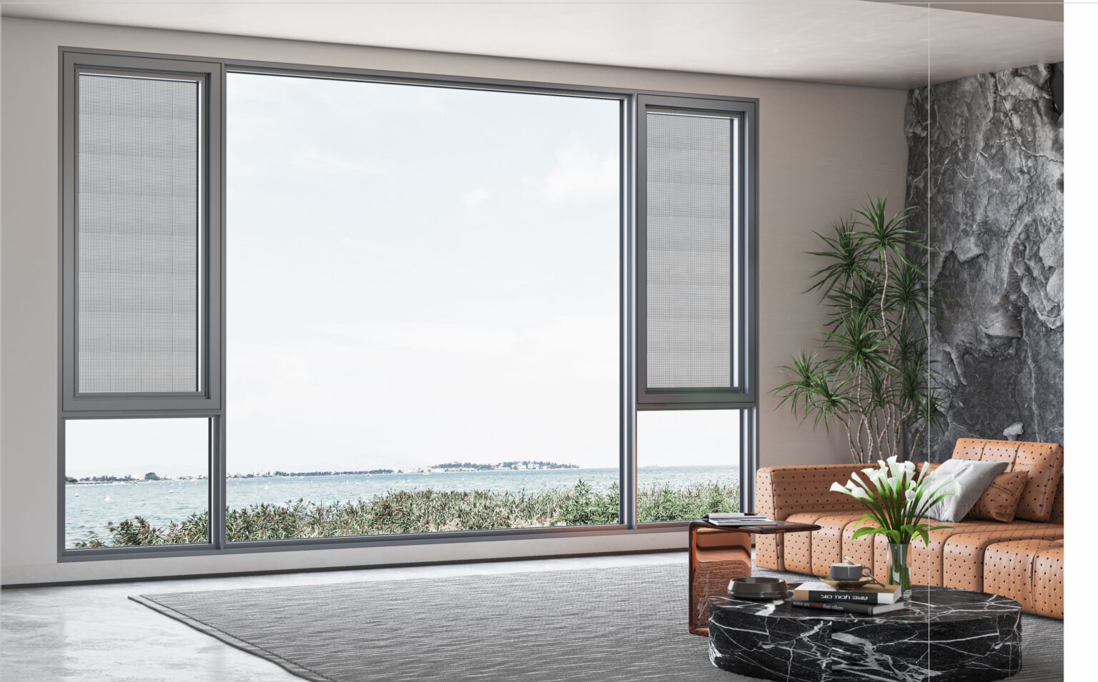 Slimline Aluminium Casement Windows with Screens - room illustration