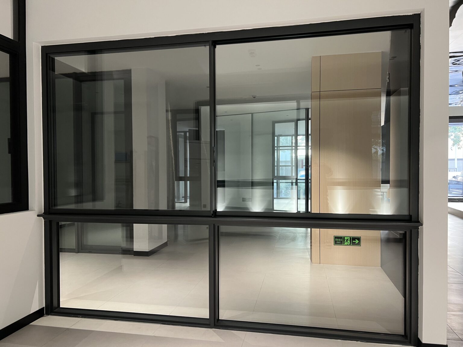 Side view of a sliding window in a showroom