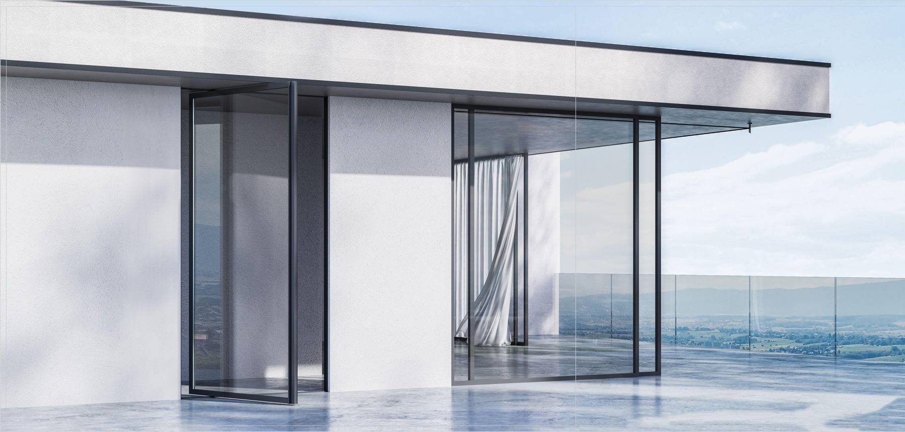 Aluminium pivot doors opening onto a terrace