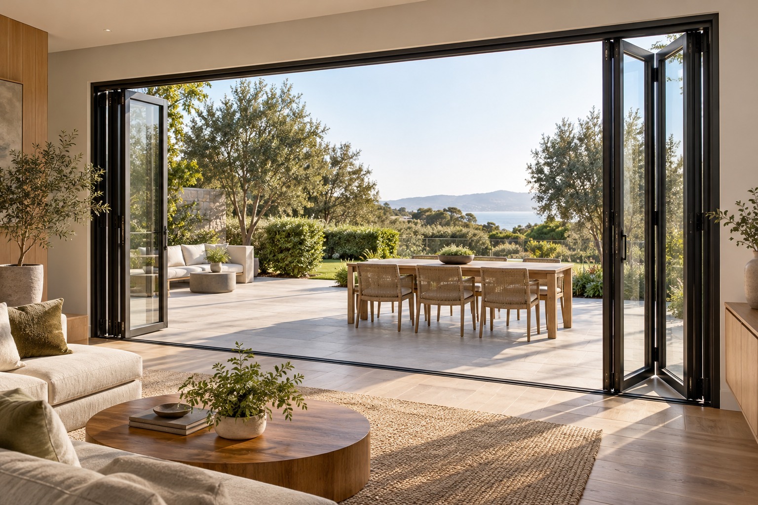 Connected folding glass leaves opening to a patio - application render