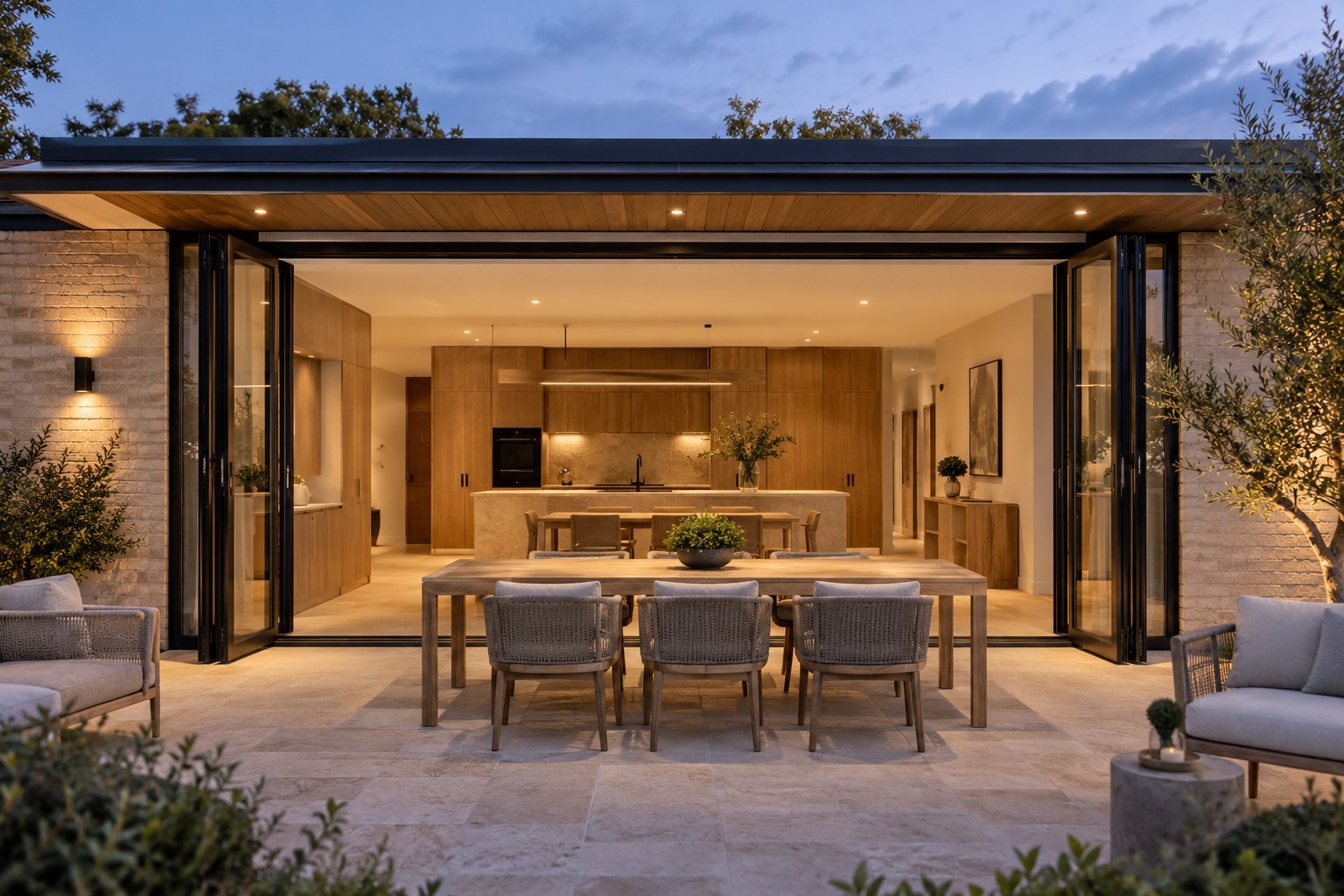 Aluminium bifold doors in a home extension at dusk - application render