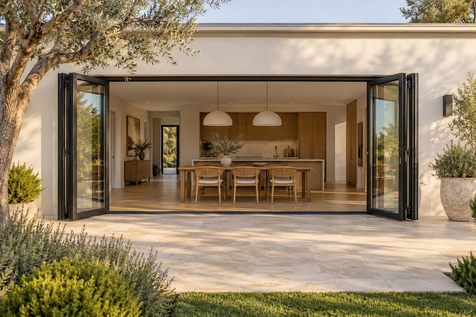 Garden view of open aluminium bifold doors - application render