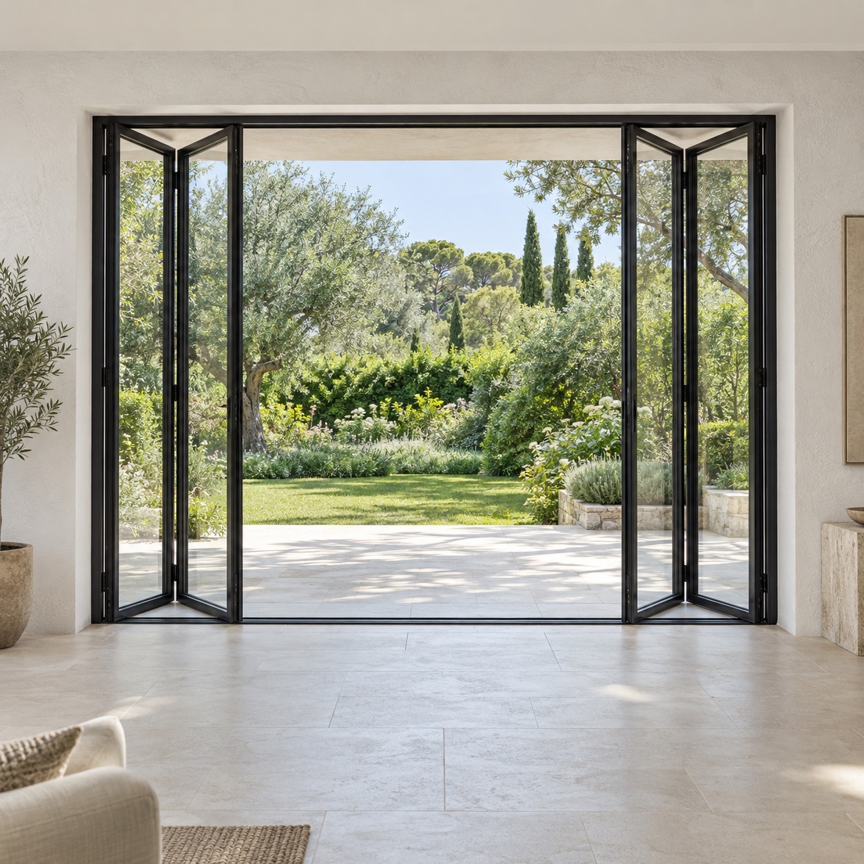 Black aluminium bifold doors partially folded towards a garden - application render