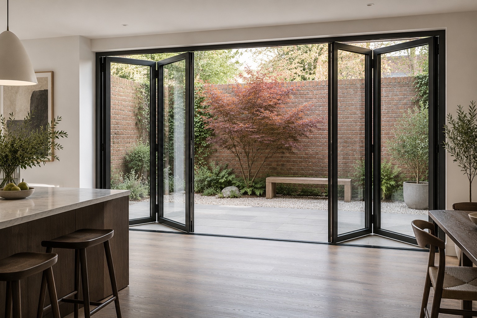 Partially folded aluminium doors facing a courtyard - application render