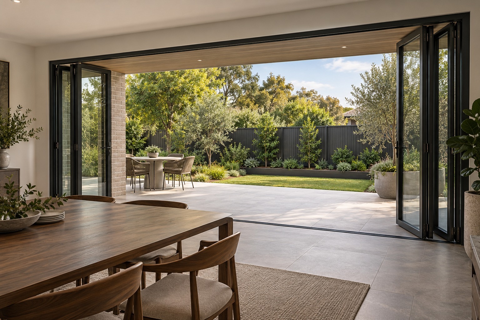 Bifold glass doors connecting indoor and outdoor dining - application render