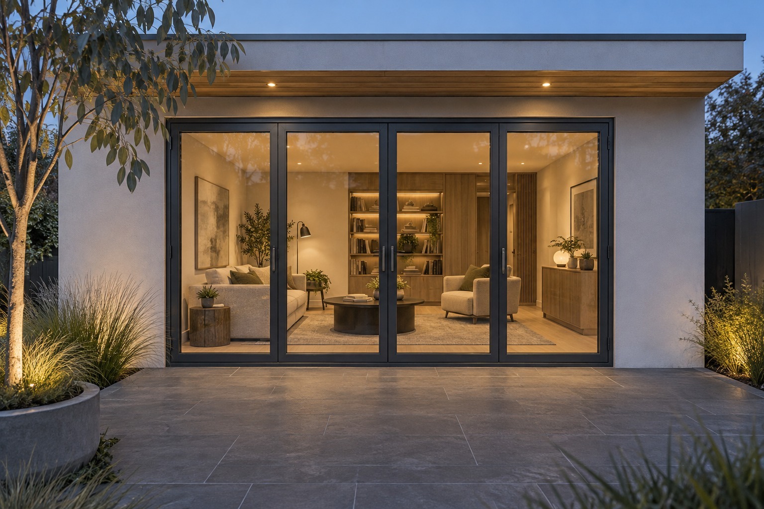 Closed aluminium bifold doors in a modern extension - application render
