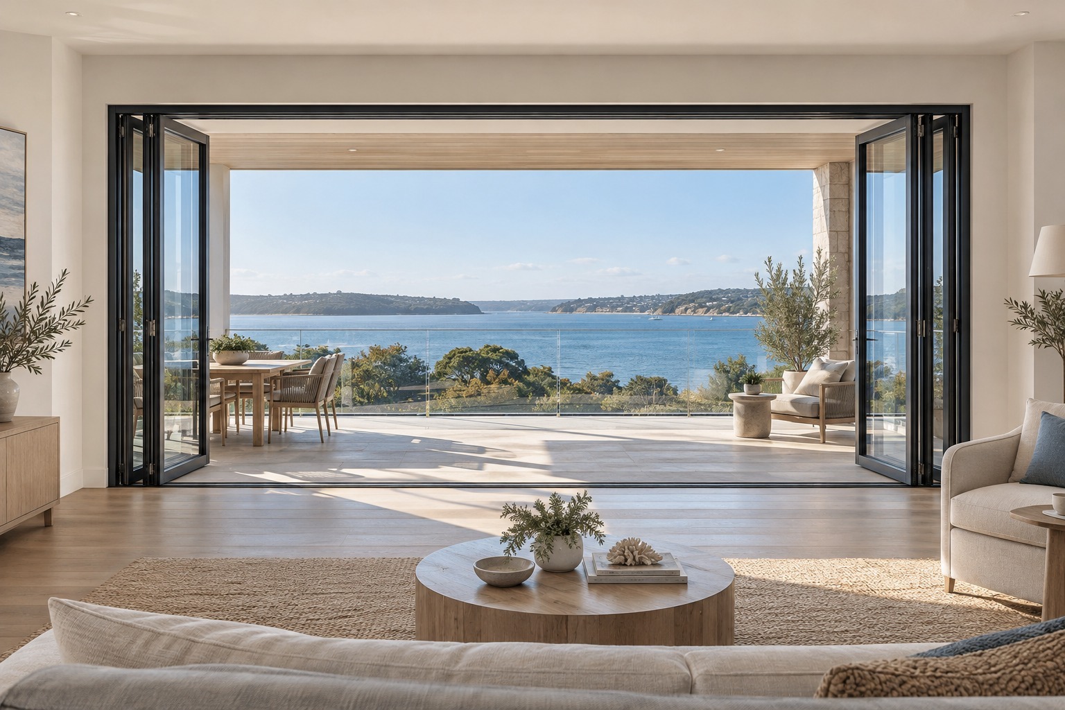 Open bifold doors connecting a living room and covered terrace - application render
