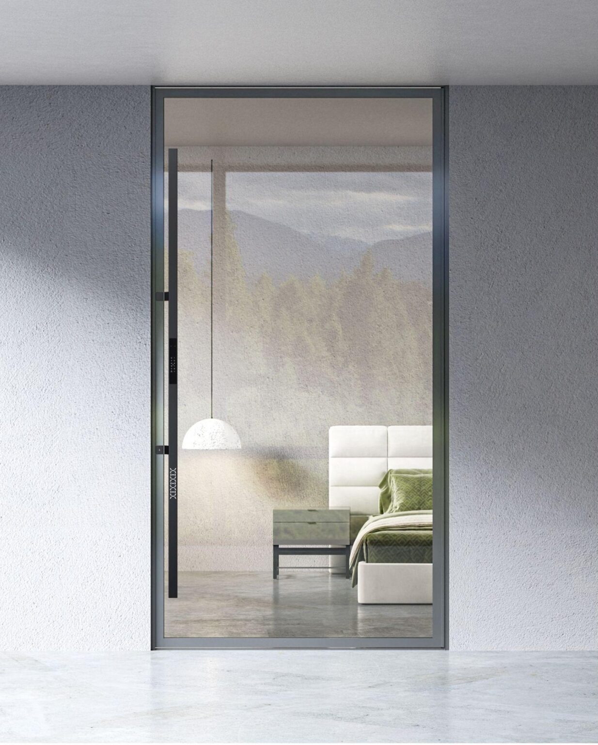 Closed aluminium glass pivot door with vertical handle