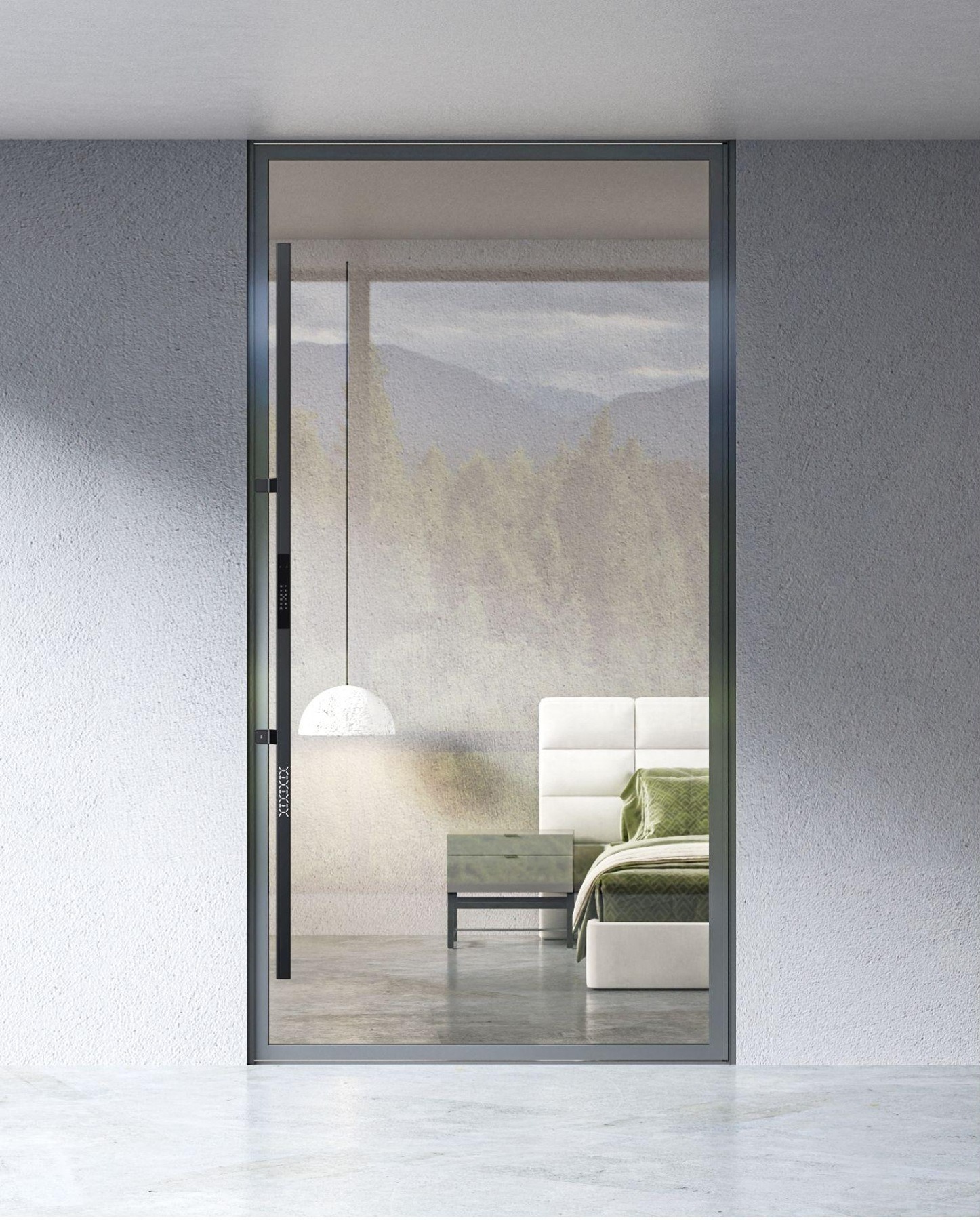 Closed aluminium glass pivot door with vertical handle