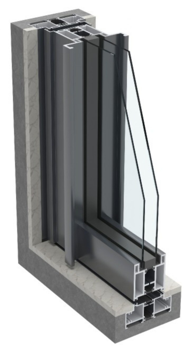 Complete aluminium pivot door frame and glazing section