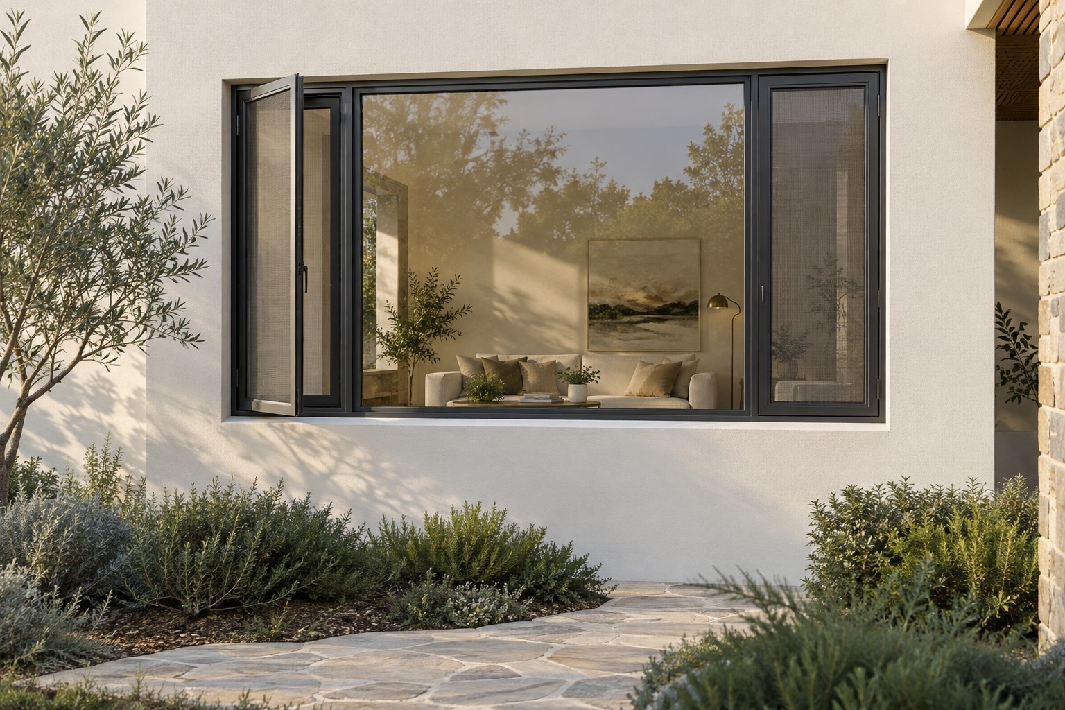 Aluminium casement window with integrated insect screen in a residential facade