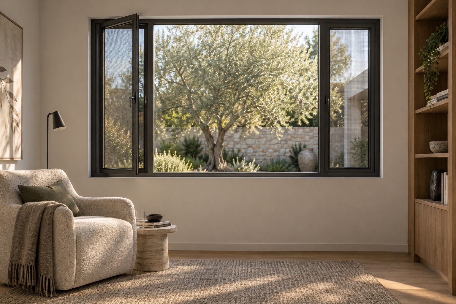 Aluminium casement window with integrated insect screen in a reading corner