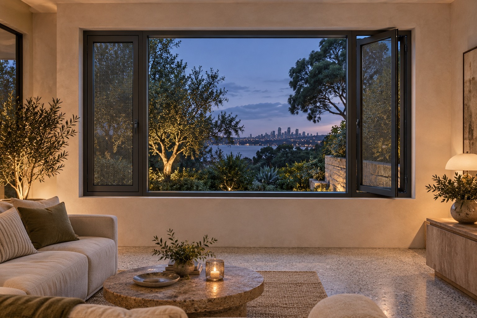 Aluminium casement window with integrated insect screen in a home extension