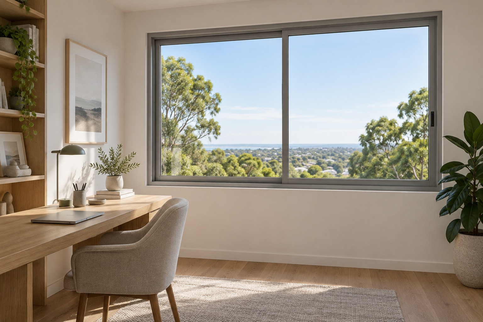 Compression seal aluminium sliding window in a home study