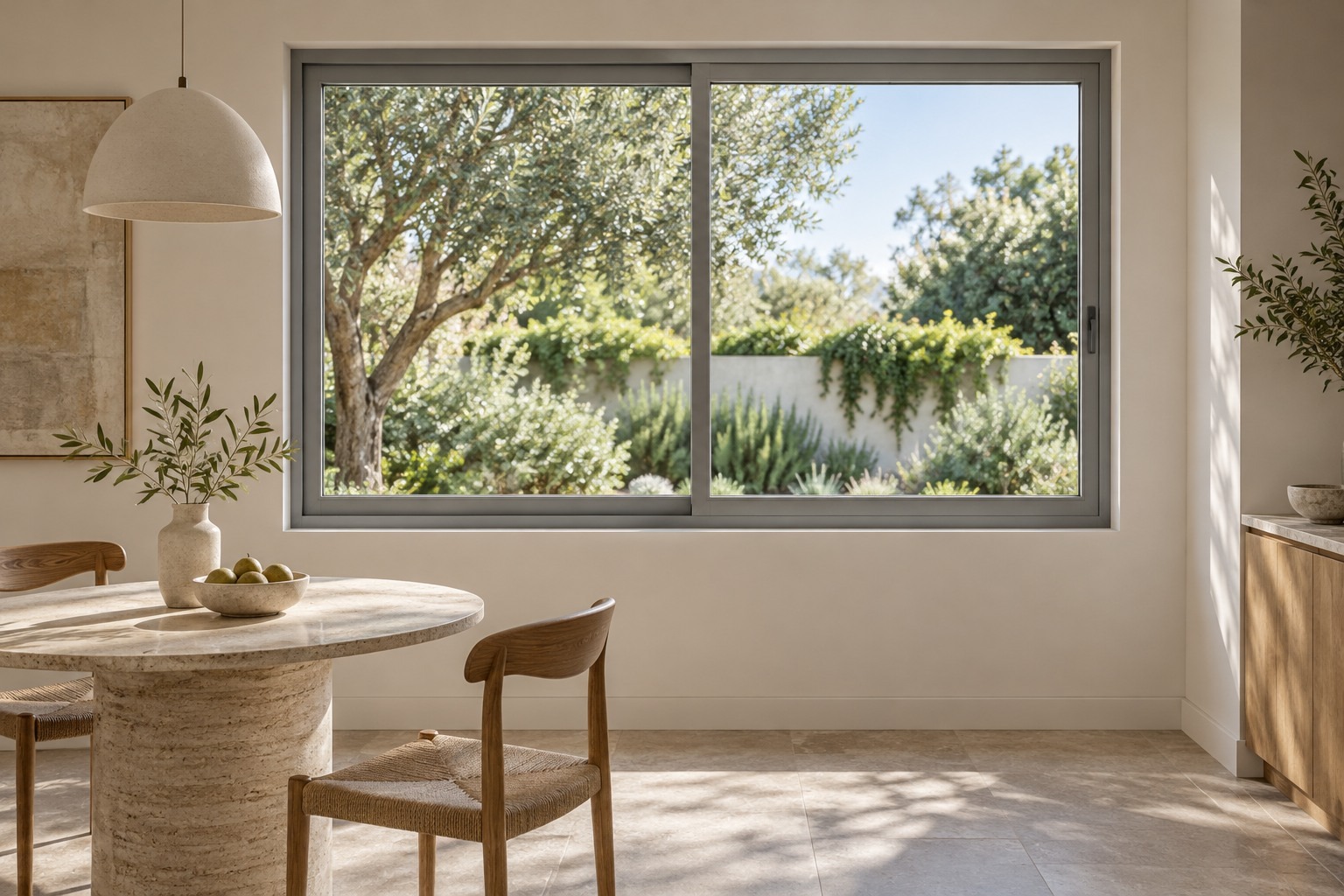 Compression seal aluminium sliding window in a dining nook