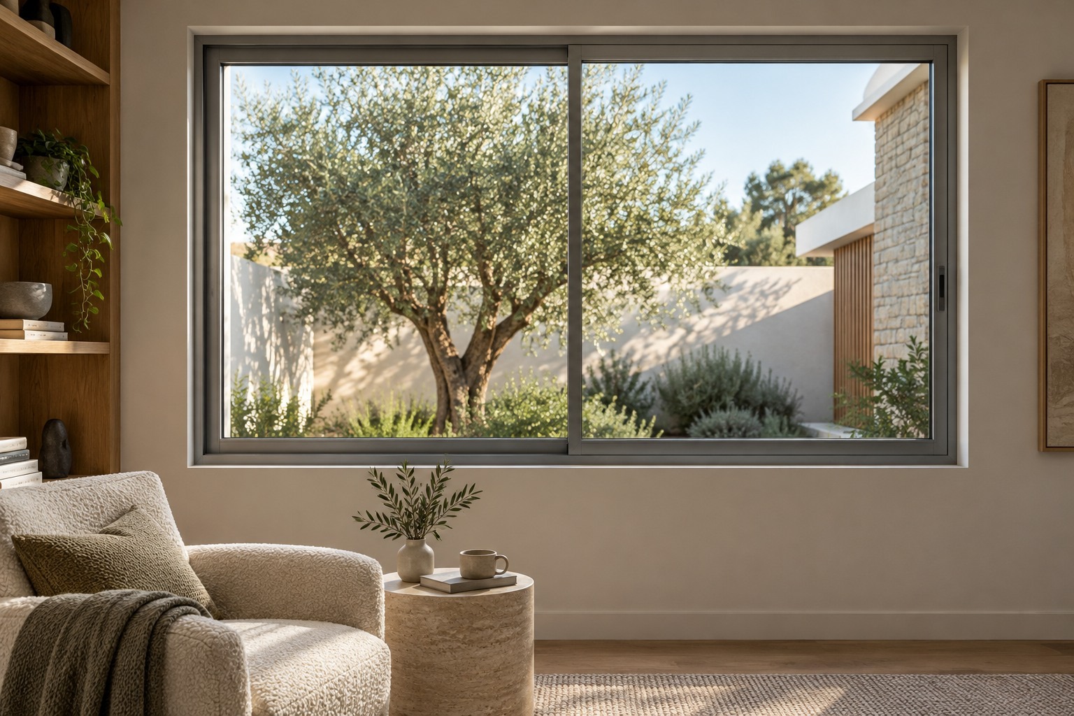 Compression seal aluminium sliding window in a reading corner