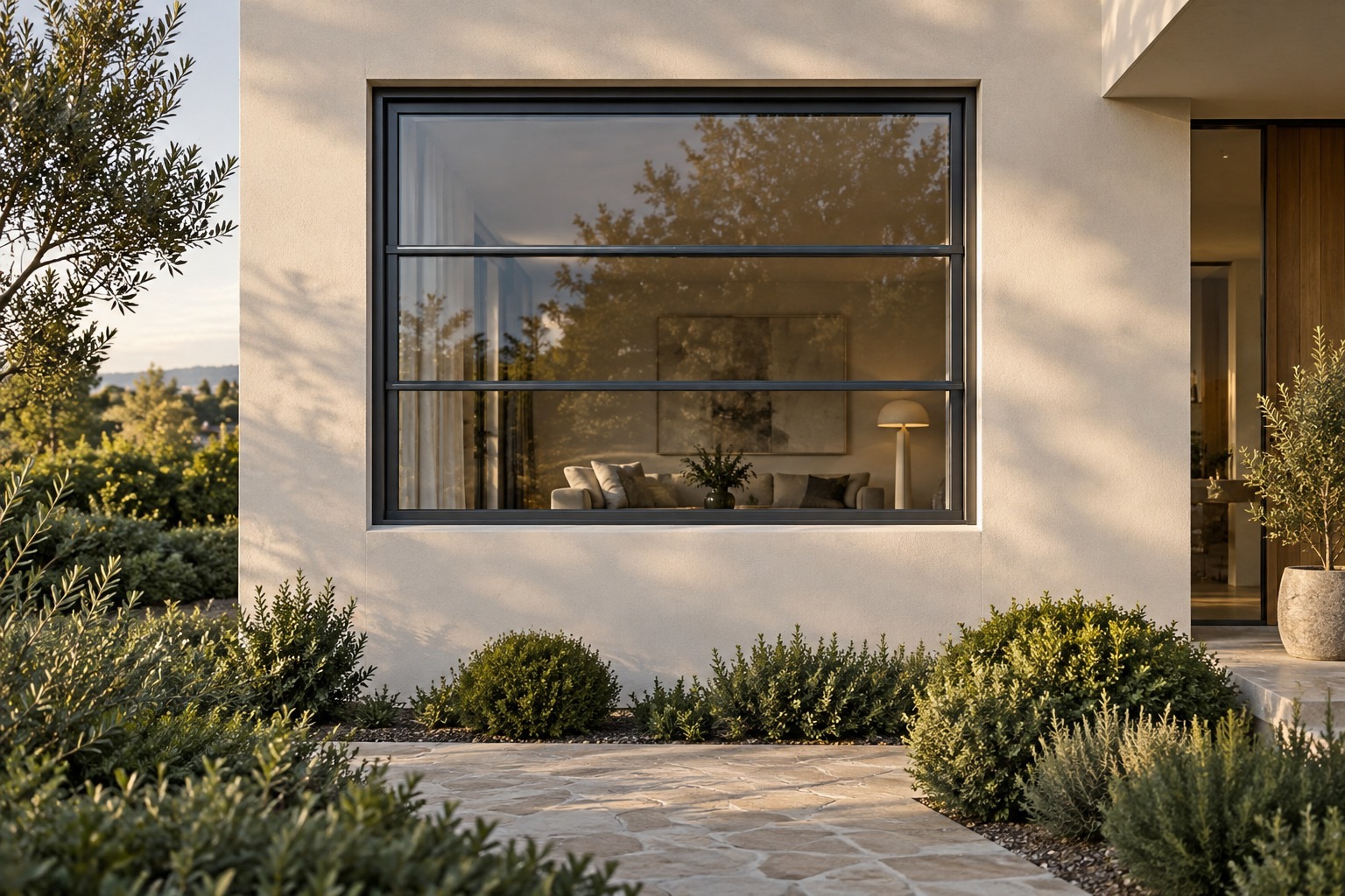Motorised aluminium vertical sliding window in a residential facade