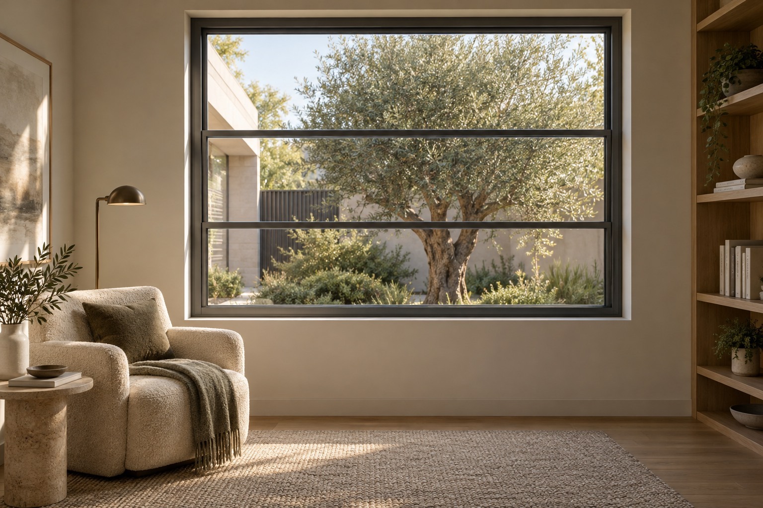 Motorised aluminium vertical sliding window in a reading corner