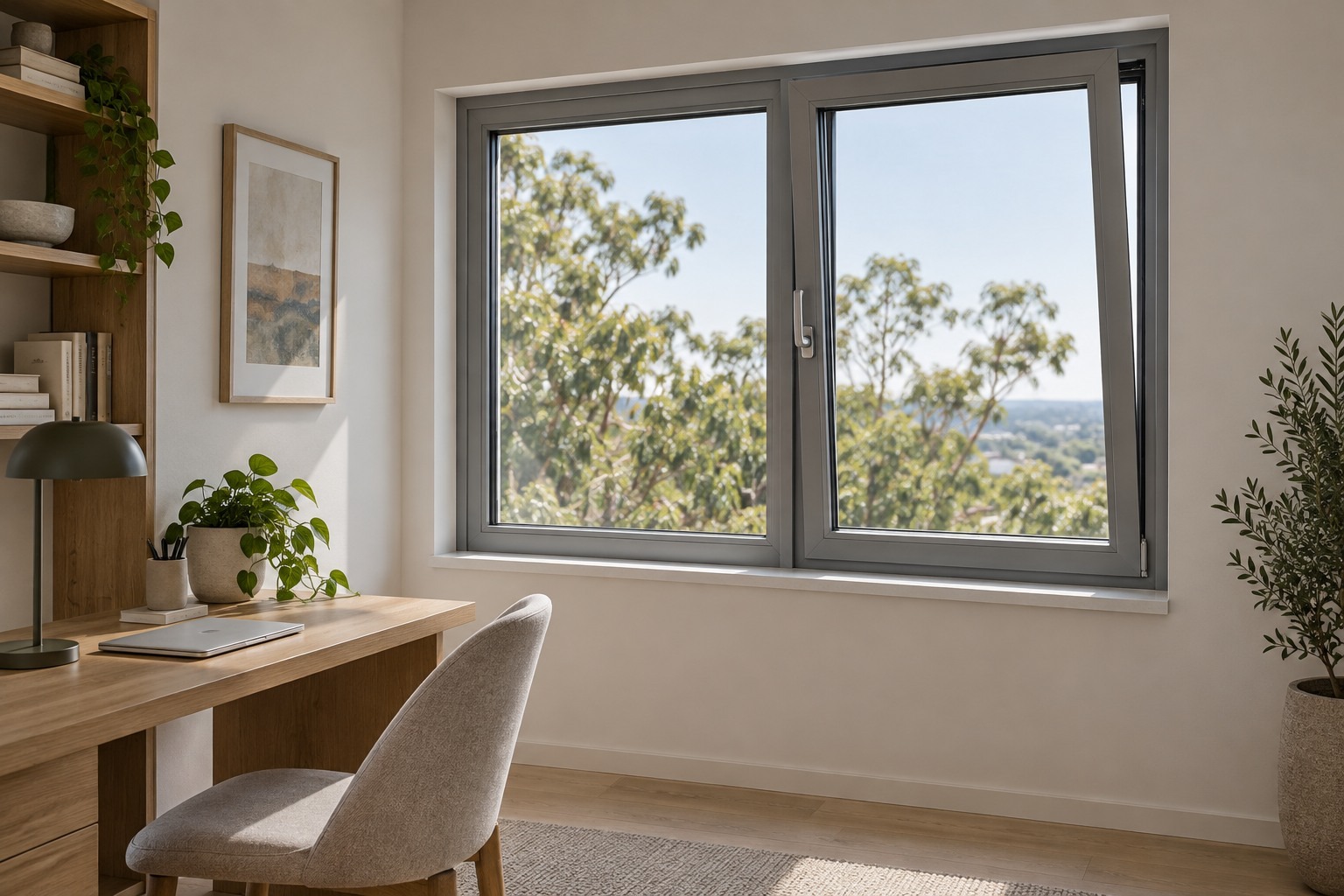Aluminium tilt and turn window in a home study