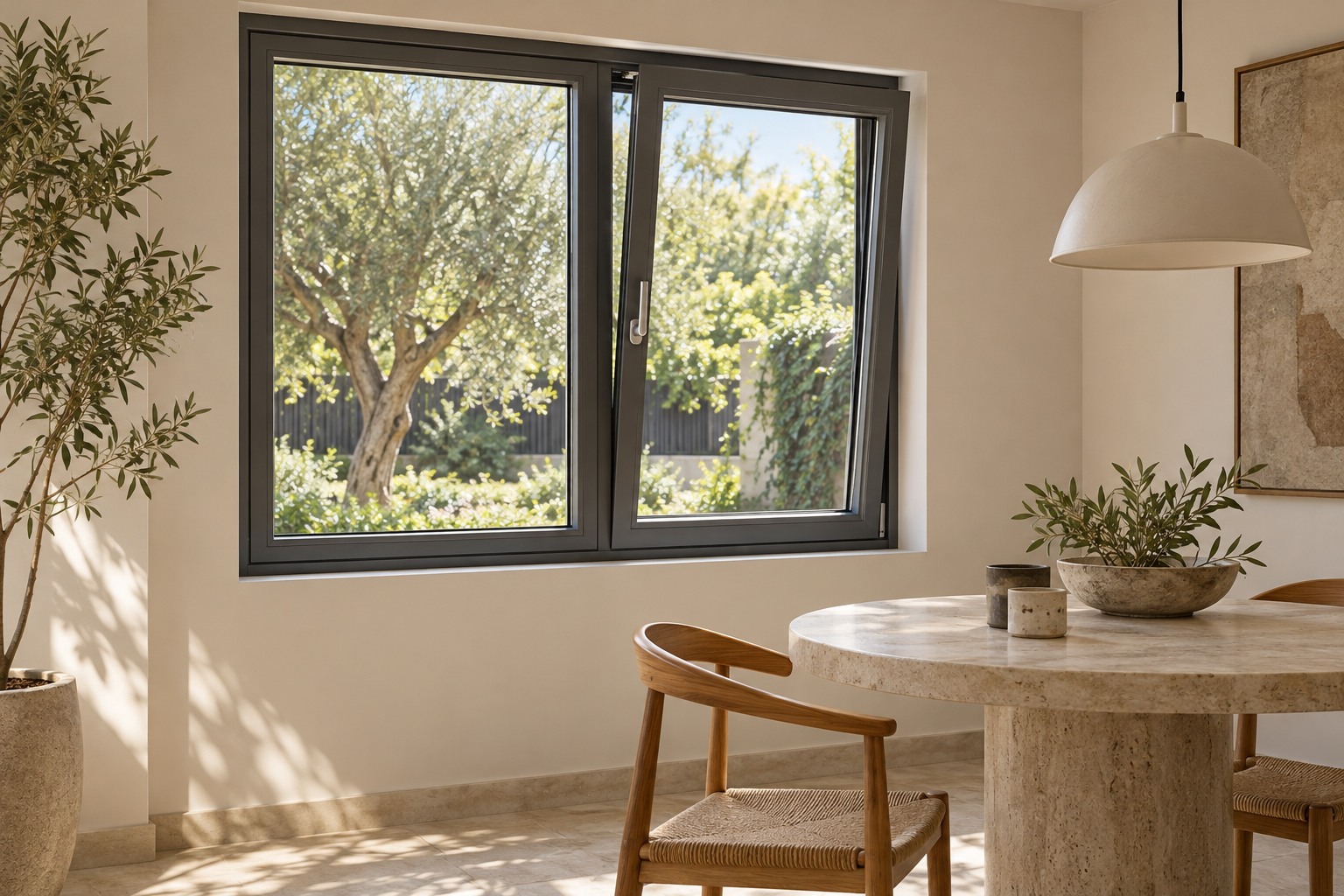 Aluminium tilt and turn window in a dining nook
